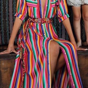 Striped long full button collared dress